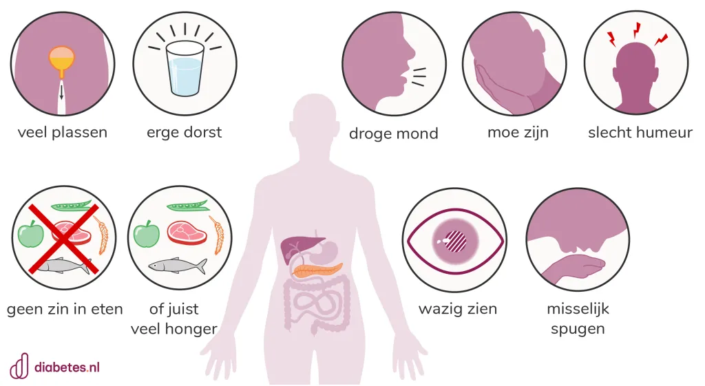 Plaatje met symptomen van een hoge bloedglucose bij diabetes, dit heet een hyper.