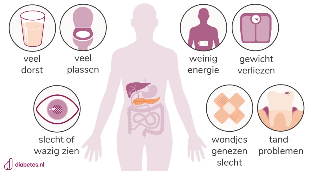 Tekening van mogelijke symptomen van diabetes, zoals veel dorst en veel plassen.